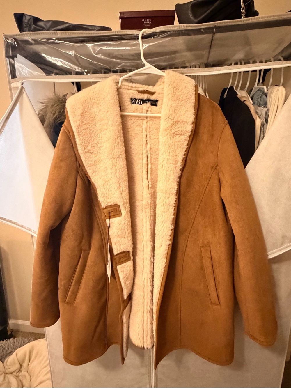 Zara Camel Teddy Shearling Jacket with Cream Lining